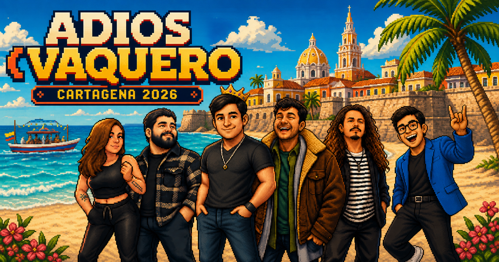 Adios Vaquero — the six friends together in pixel-art Cartagena