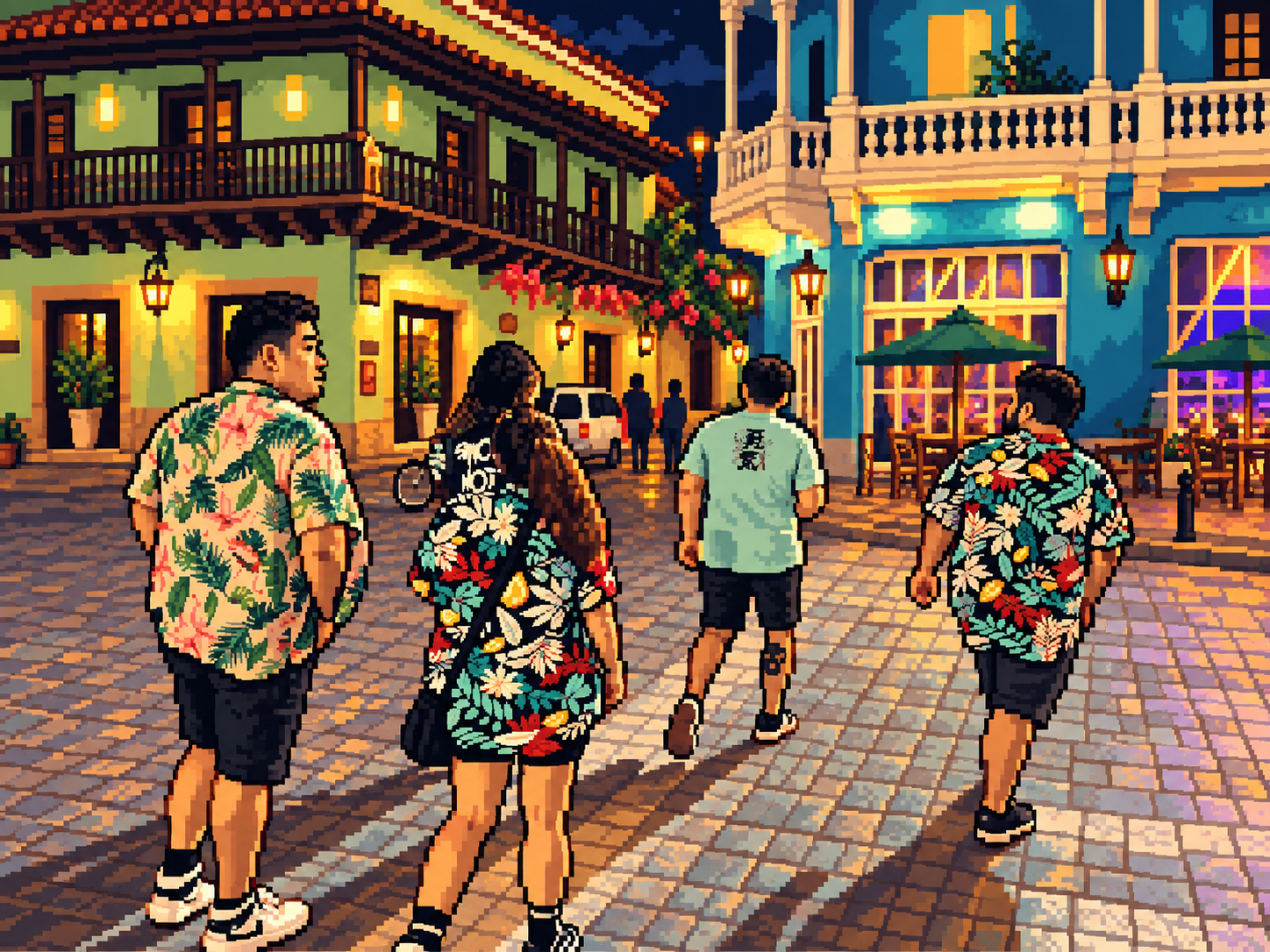 Tropical shirts, warm lights, and the streets after dark.