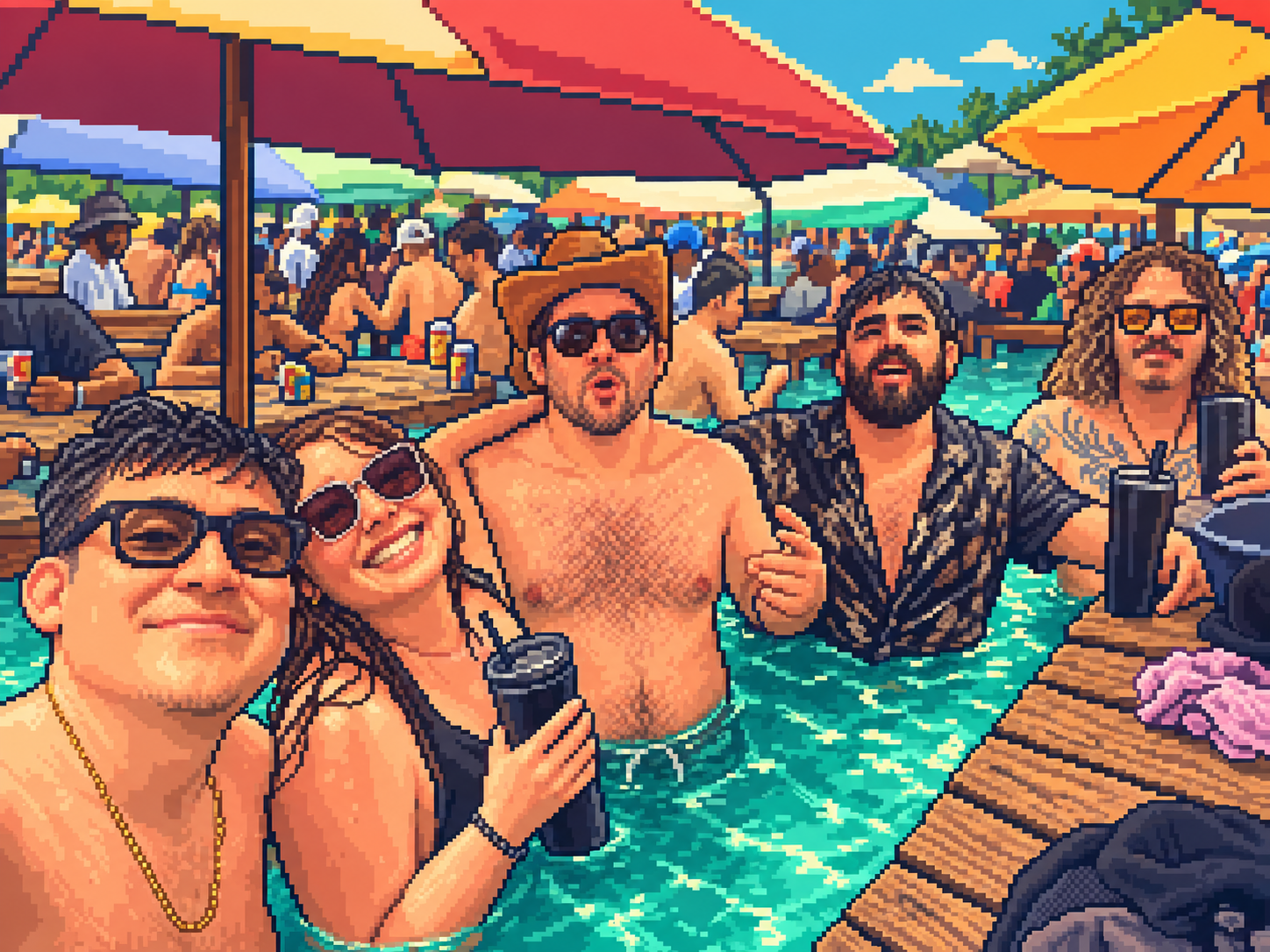 The party cools off around a table in the water.