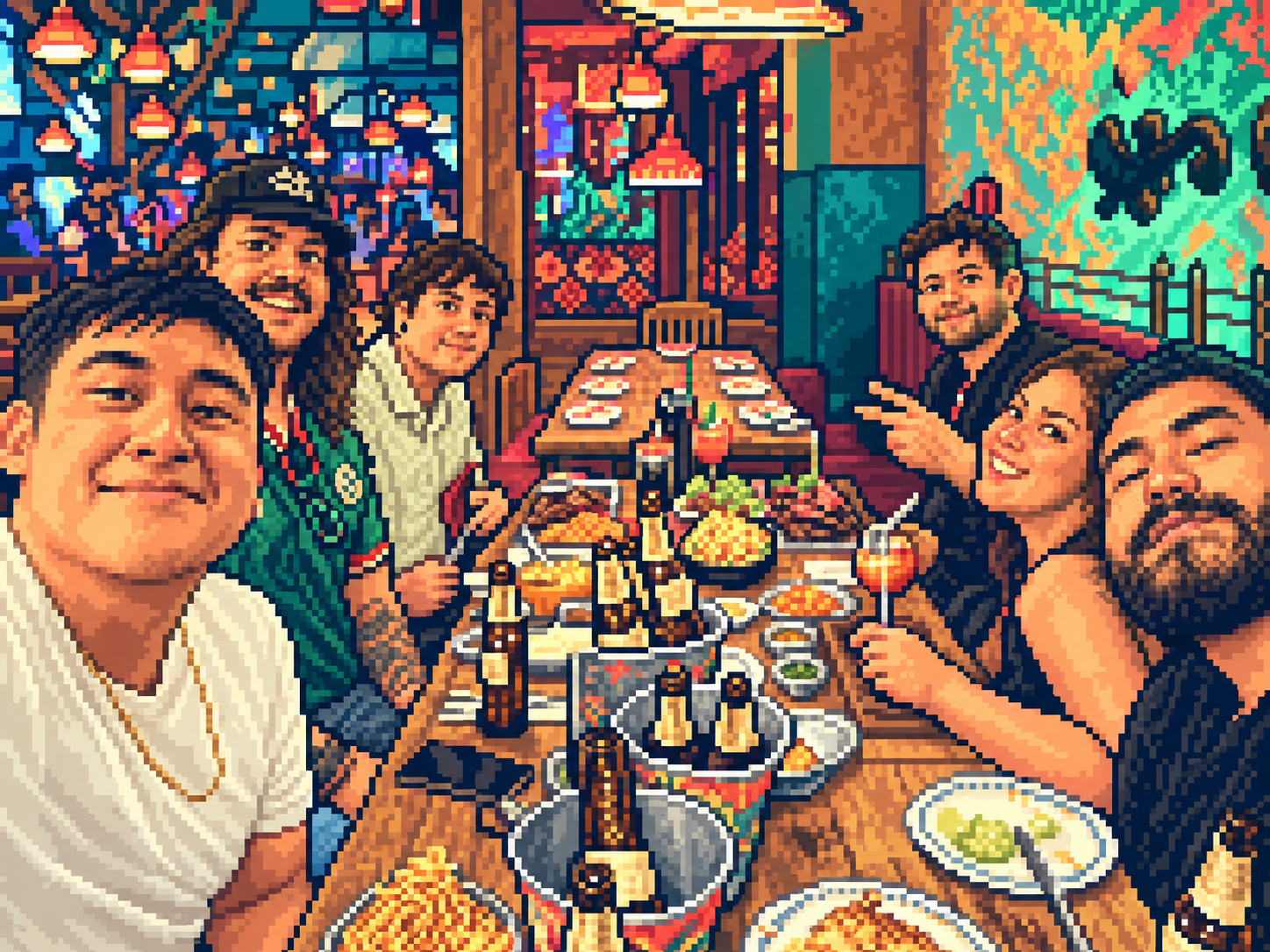 The crew gathers around a colorful restaurant table.