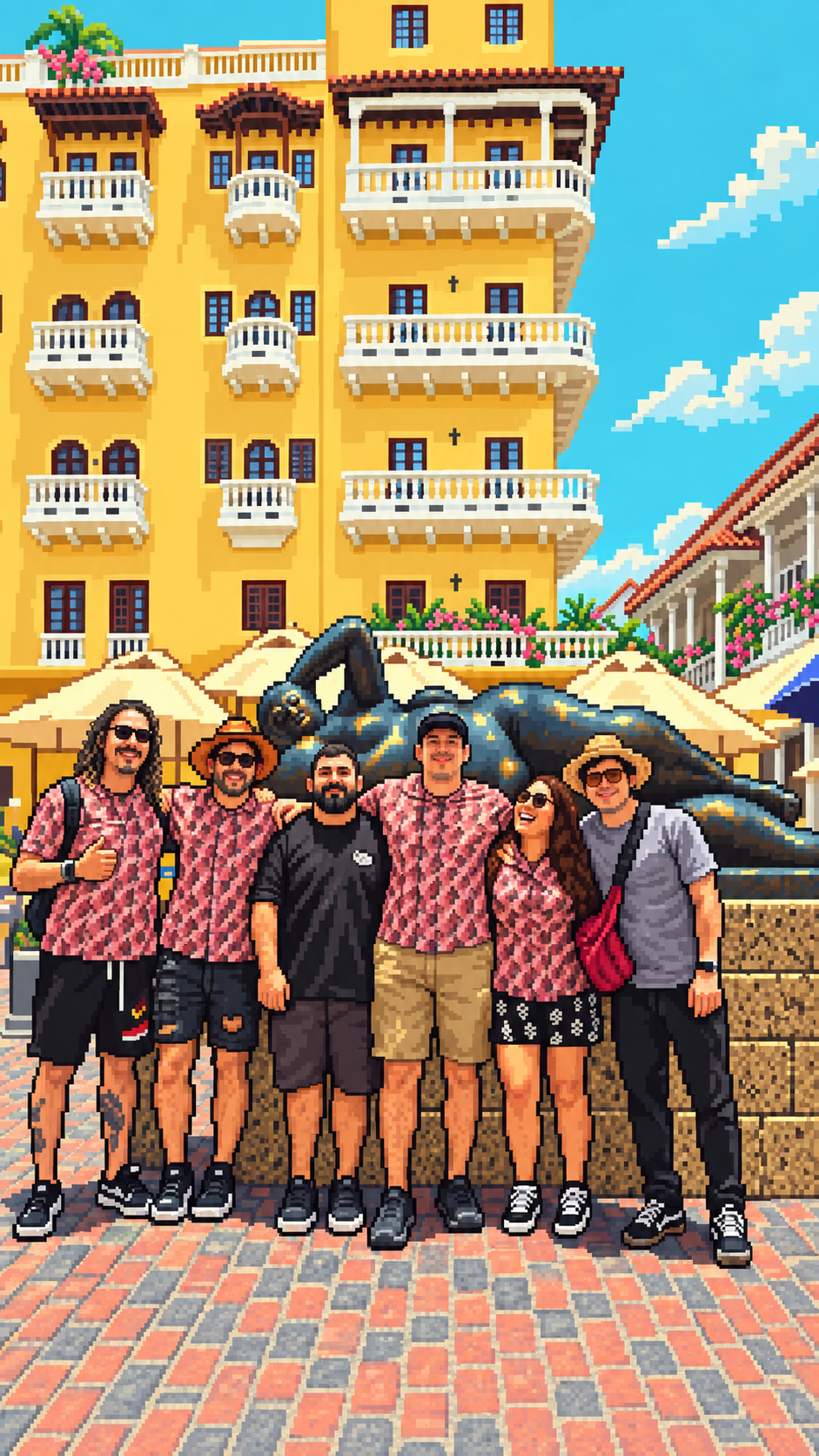 A group portrait outside the yellow building.