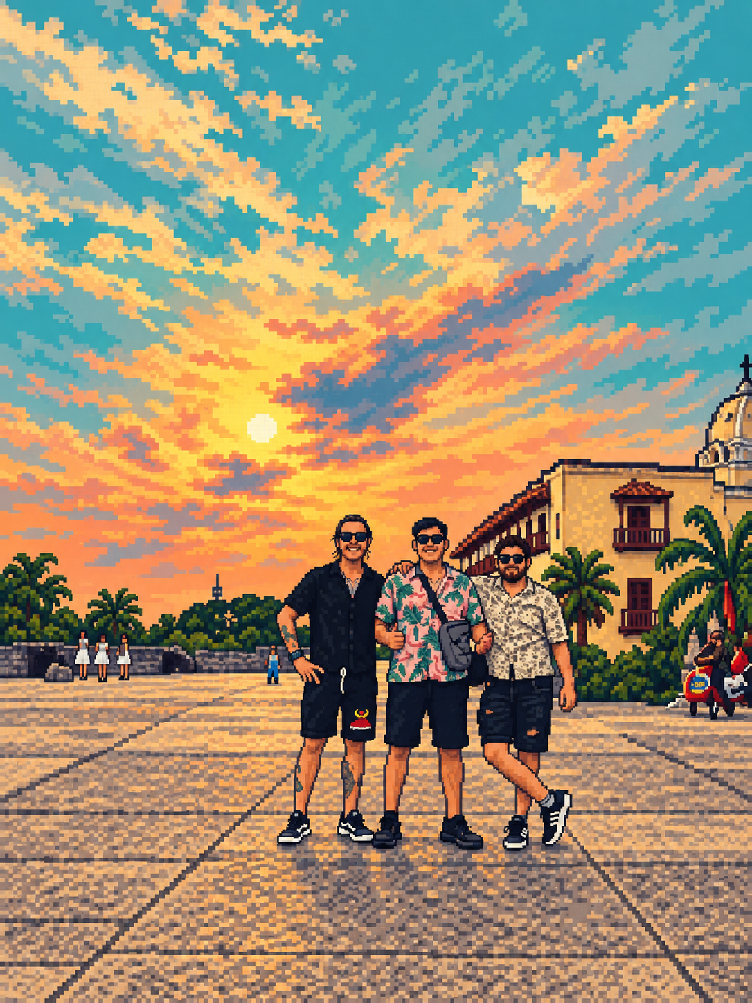 A plaza portrait beneath a dramatic evening sky.